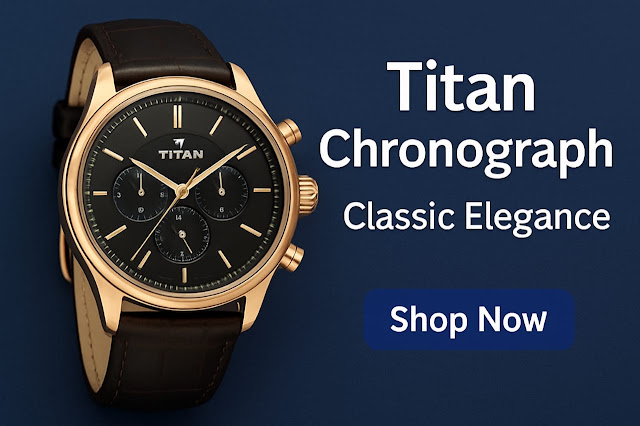 Titan watches "Gold-tone Titan chronograph watch with black dial and three subdials, paired with a dark brown leather strap, showcasing classic elegance on a navy blue background with 'Titan Chronograph Classic Elegance' text and a blue 'Shop Now' button."