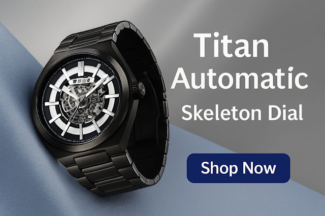 Titan automatic watch Elegant Titan automatic wristwatch with stainless steel case and black leather strap, featuring a classic round dial and visible mechanical movement."