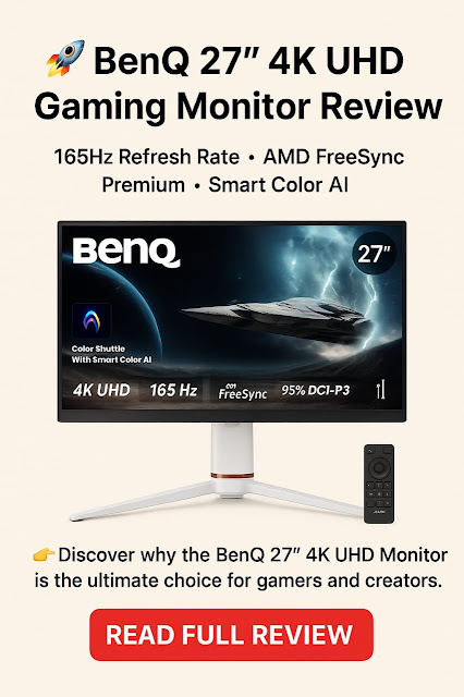 BenQ 27-inch 4K UHD Gaming Monitor with 165Hz refresh rate, AMD FreeSync Premium, Smart Color Al, and height-adjustable stand - ideal for gaming and creative work.