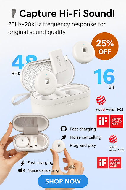 BOYA Wireless Mic with Hi-Fi Sound, Noise Cancelling & Fast Charging. BOYA wireless microphone set with charging case, featuring 48KHz sound quality, 16-bit recording, noise cancelling, fast charging, and plug-and-play design .