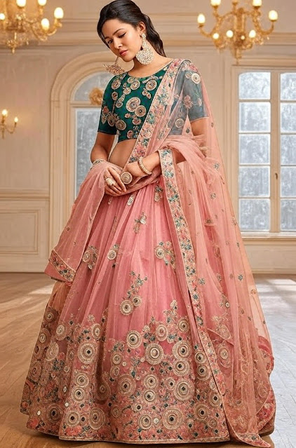Elegant net lehenga with real mirror embroidery, zari and sequin work, paired with silk blouse and embroidered dupatta – perfect festive and wedding outfit for women