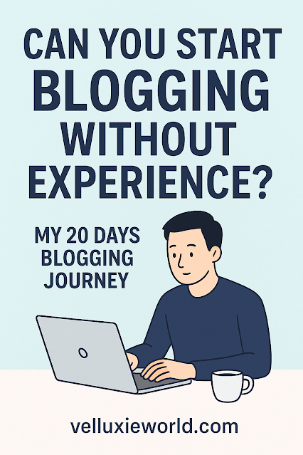 llustration of a young man typing on a laptop with coffee cup on desk, text saying 'Can You Start Blogging Without Experience? My 20 Days Blogging Journey