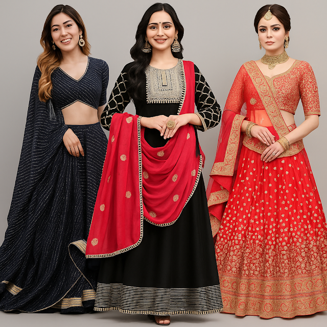 Elegant Trio of Festive Ethnic Outfits for Women Three women in traditional Indian ethnic wear – a navy blue lehenga, a black Anarkali suit with red dupatta, and a red embroidered lehenga – standing together against a plain background..