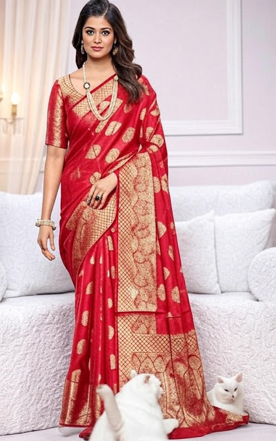 Elegant Woman in Red Saree with White Cat. A stylized illustration of a woman wearing a vibrant red and gold saree with intricate patterns, adorned with pearl jewelry, standing gracefully with a white cat sitting beside her on a plain white background.