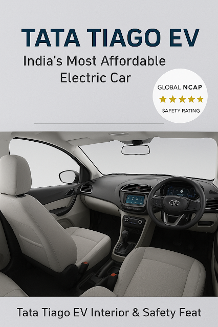 Tata Tiago EV Cabin Comfort & Family Safety. Stylish Tata Tiago EV cabin with premium seats, touchscreen display, digital cluster, and advanced safety features for family protection.