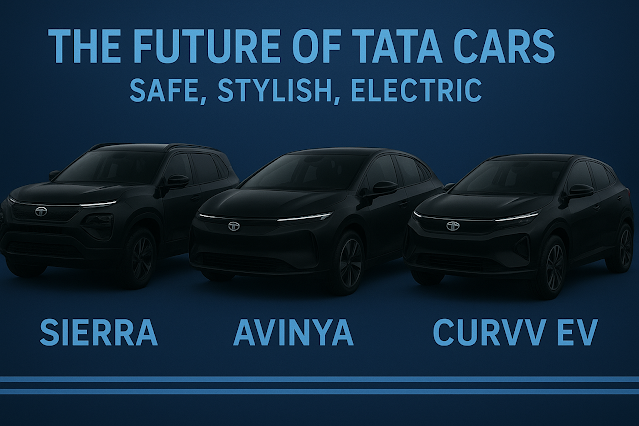 The Future of Tata Cars – Safe, Stylish & Electric . Tata Avinya, and Tata Curvv EV in sleek black design with blue metallic background and text ‘The Future of Tata Cars – Safe, Stylish, Electric’, festive lifestyle theme.