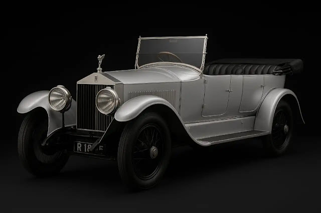 Rolls-Royce Silver Ghost 40/50 HP- The World's Most Famous Car. High-resolution image of Rolls-Royce Silver Ghost 40/50 HP in silver color against a black background.