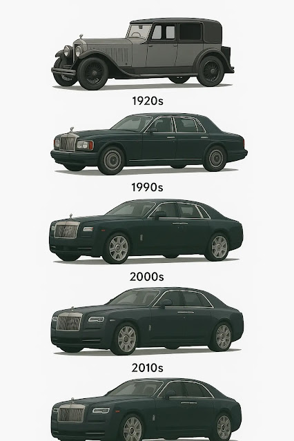 Rolls-Royce Car History – 1920s to 2010s Evolution" Rolls-Royce car evolution infographic showing models from 1920s vintage to 2010s luxury sedans. Rolls-Royce history timeline."