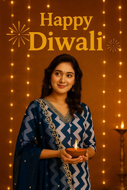 同 Alt Text: A woman wearing a navy blue Anarkali suit with a matching embroidered dupatta, standing outdoors with a festive Diwali background and glowing lights.