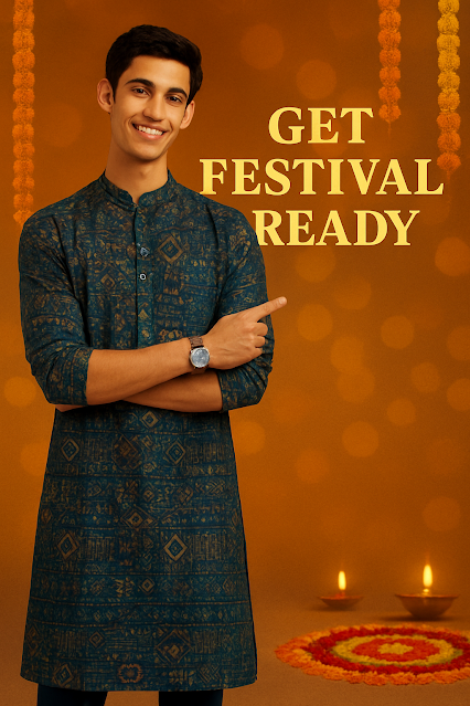 Stylish Blue Kurta Look to Get Festival Ready This Diwali. Man wearing a blue printed kurta posing with a smile against a Diwali-themed background decorated with marigold garlands, diyas, and festive lights, with the text "Get Festival Ready'"written beside him.