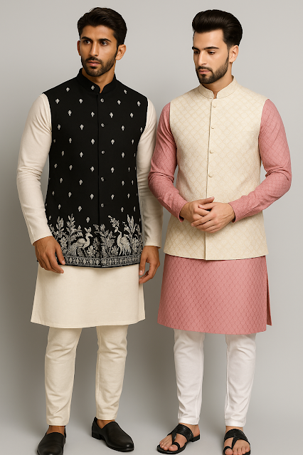 Elegant Ethnic Outfits for Men - Perfect Festive and Wedding Look Two men in traditional Indian attire, one wearing an ivory kurta with a black embroidered Nehru jacket and the other in a pink kurta with a cream patterned Nehru jacket, showcasing stylish festive wear for men.