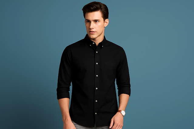 Stylish Black Shirt for Men – Smart Casual Lifestyle Look Man wearing a black button-down shirt with rolled-up sleeves and light grey pants, posing confidently against a blue background, showcasing a modern and classy lifestyle look.