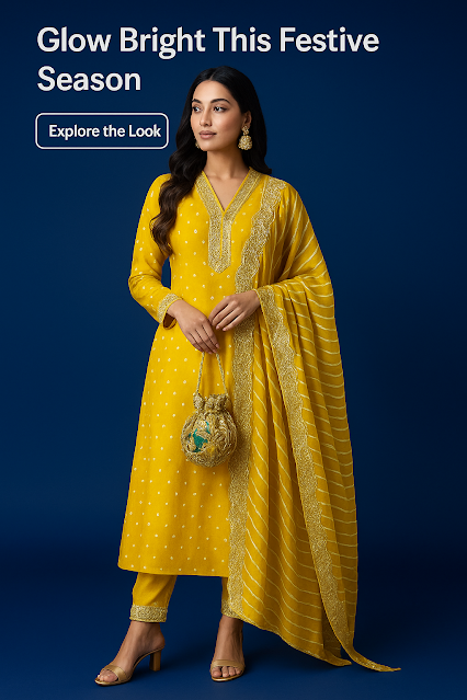 Charming Yellow Festive Suit for Women | Velluxie World A woman wearing a bright yellow embroidered ethnic suit with matching dupatta and potli bag, perfect for festive celebrations — from Velluxie World.