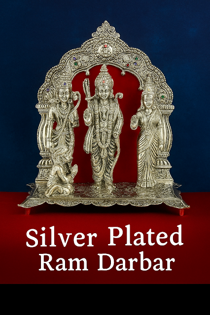 Silver Plated Ram Darbar – A Divine and Elegant Diwali Gift A beautifully detailed silver plated Ram Darbar idol set on a red velvet base with a royal blue background, symbolizing devotion and perfect for Diwali gifting.