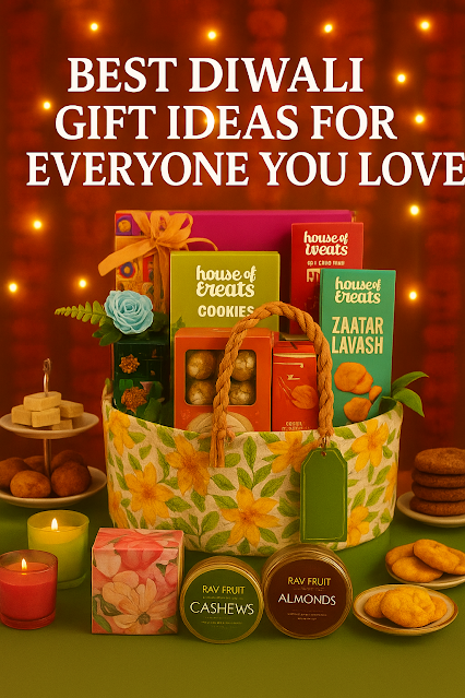 Best Diwali Gift Ideas for Everyone You Love A festive Diwali gift hamper with sweets, dry fruits, cookies, candles, and lights arranged beautifully on a decorated table, glowing with warm golden Diwali vibes