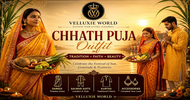 Traditional Ethnic Wear for Women, Men & Kids | Velluxie World festive Chhath Puja banner by Velluxie World featuring a woman in a yellow saree, a couple in traditional ethnic outfits performing Chhath rituals by the riverside at sunrise, with elegant festive styling and traditional Indian