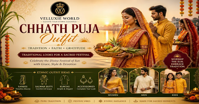 Chhath Puja Outfit Ideas 2025 A festive Chhath Puja banner by Velluxie World featuring women in elegant yellow and orange sarees, a man in a traditional yellow kurta, and children in ethnic outfits celebrating Chhath Puja by the riverside with sunrise, diyas, fruits, and traditional offerings