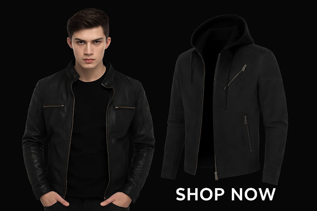Stylish Black Leather Jackets for Men - Trendy & CoolLook/ Shop Now "A fashionable man wearing a black leather jacket stands beside a sleek hooded suede jacket on a black background with Shop Now text."