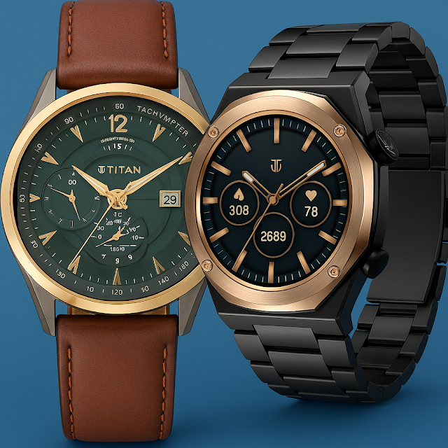 Titan Classic & Smart Fusion: Timeless Style Meets Modern Technology Two Titan watches displayed on a blue background — one featuring a brown leather strap and gold dial, and the other a sleek black metal smartwatch with gold accents — showcasing a blend of traditional elegance and smart innovation.