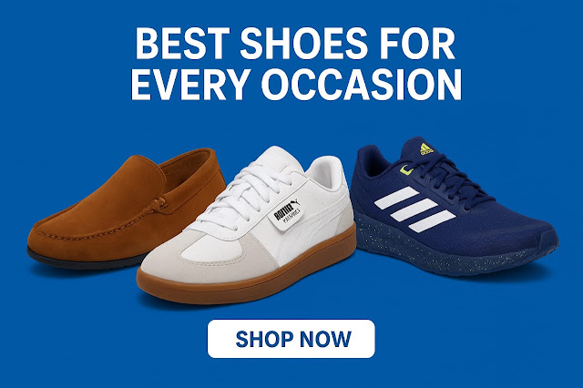 Best Shoes for Every Occasion - Men's Footwear Collection Banner showing three types of men's shoes on a blue background: brown suede loafers, white Puma sneakers, and navy Adidas running shoes, with the text "Best Shoes for Every Occasion" and a "Shop Now" button.