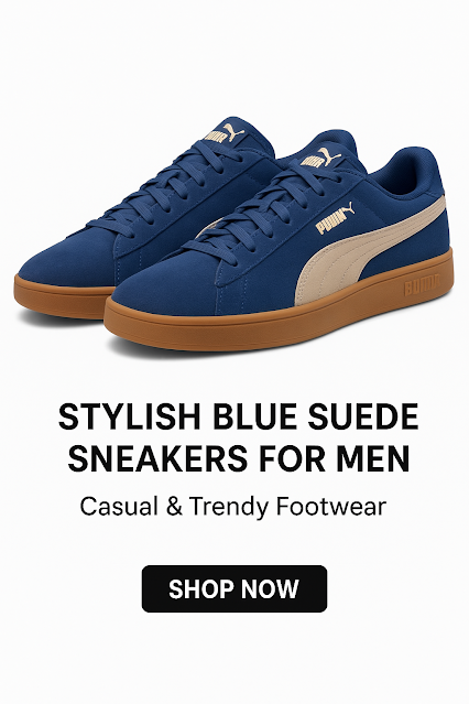 Stylish Blue Suede Sneakers for Men | Casual & Trendy Footwear Blue suede men’s sneakers with beige side detailing and gum sole, placed side-by-side on a white background.
