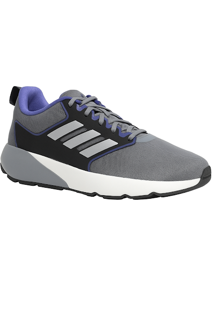 Adidas Grey Running Shoes for Men | Lightweight & Comfortable Sneakers A grey and black Adidas running shoe with blue inner lining, featuring three white stripes and a cushioned sole, displayed on a clean white background.
