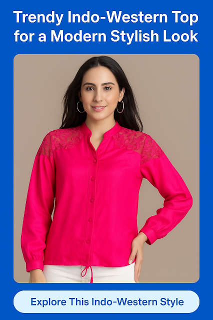 Trendy Indo-Western Top for Women | Stylish Pink Lace Design A young woman wearing a bright pink Indo-Western top with lace detailing on the shoulders, posing confidently against a beige background inside a blue Pinterest-style frame with a CTA.