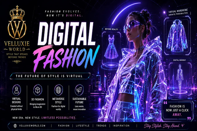 Futuristic digital fashion banner showing a virtual model wearing holographic clothing in a neon city.(