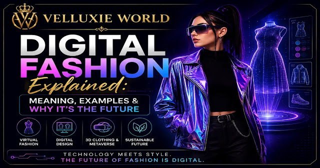 Digital Fashion Explained Futuristic digital fashion banner showing a virtual fashion model, holographic clothing, and modern technology representing the future of fashion.