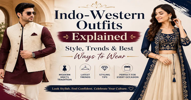 Indo-Western Outfits Explained Stylish Indo-Western outfits for men and women featuring a modern blend of traditional Indian and Western fashion, perfect for weddings, festivals, parties, and family functions.