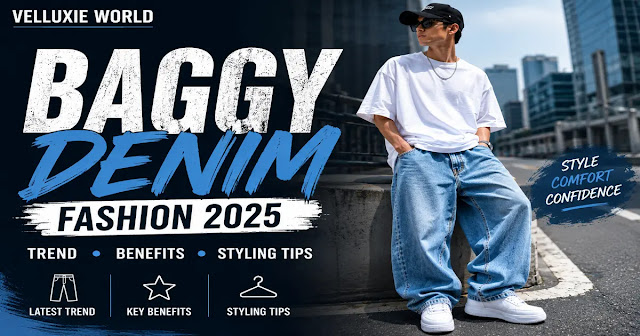 Baggy Denim Fashion 2025 Modern fashion banner showing a man wearing light blue baggy denim jeans with an oversized white T-shirt, highlighting Baggy Denim Fashion 2025 trends, benefits, and styling tips.