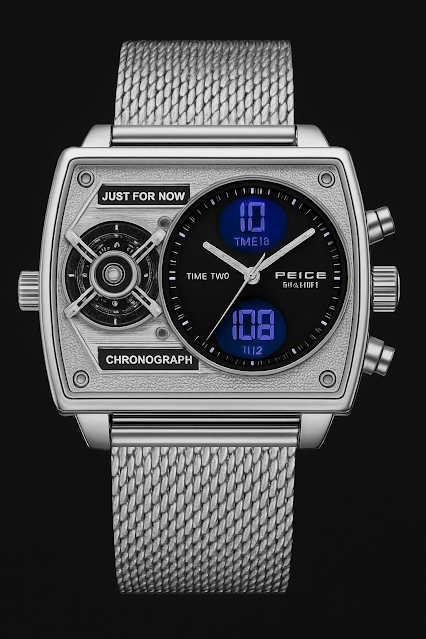 Dual Display Silver Chronograph Watch for Men” Silver dual-dial men’s wristwatch with mesh strap, featuring analog and digital display, blue LED screen, and bold chronograph design.”