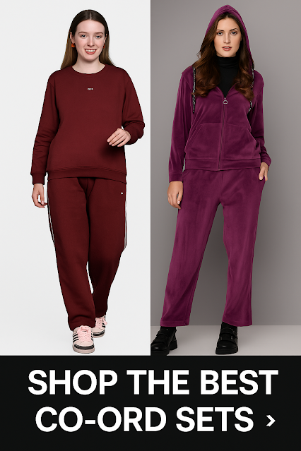 Stylish Women’s Co-Ord Sets – Shop the Best Matching Outfits" Two women wearing stylish co-ord sets—one in a maroon sweatshirt and jogger set, and the other in a purple velour hoodie and pants set—displayed side-by-side with a bold CTA that reads ‘Shop the Best Co-Ord Sets’."
