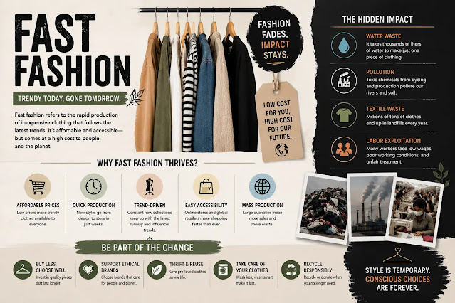 fast-fashion-explained-sustainable-choices Infographic explaining fast fashion, its environmental impact, mass production, textile waste, and sustainable fashion alternatives.