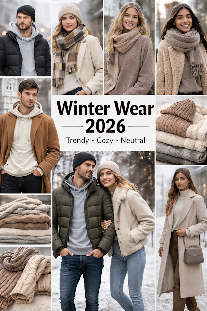 Winter wear 2026 collage showing men and women wearing hoodies, jackets, sweaters, coats, scarves and soft fabrics in neutral and earthy winter colors