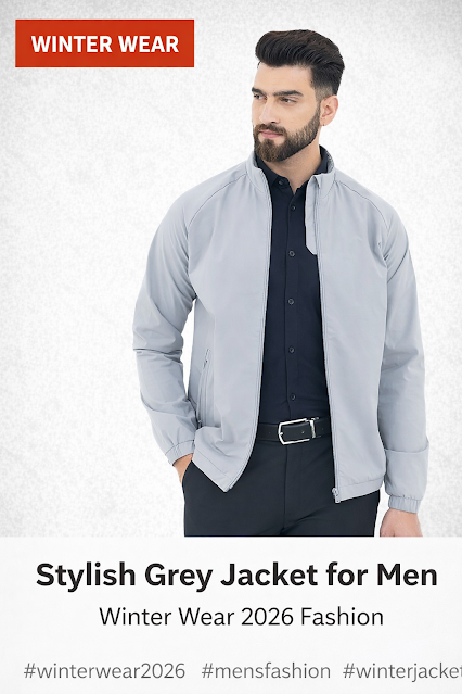 Men wearing stylish light grey winter jacket with black shirt and pants, modern smart casual winter wear 2026 outfit for men, comfortable and trendy jacket fashion