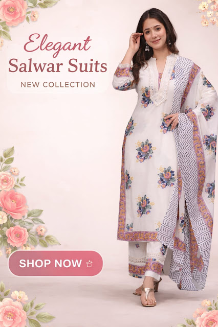 White floral salwar suit for women with printed dupatta, elegant ethnic wear Pinterest style banner with Shop Now CTA