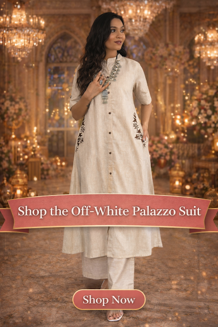 Off-white palazzo suit for girls with minimal embroidery, styled in a luxury fashion background, perfect for festive wear, weddings, and elegant ethnic fashion.