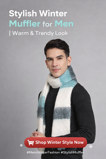 Stylish Winter Muffler for Men | Warm & Trendy Look Handsome man wearing a stylish winter muffler with black outfit, perfect men winter fashion accessory for warmth and style.