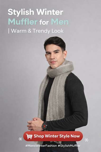 Stylish Grey Winter Muffler for Men | Warm & Elegant Look Man wearing a stylish grey winter muffler with black sweater, modern men winter fashion accessory for warmth and elegant look.