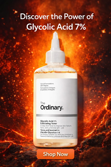 The Ordinary Glycolic Acid 7% Exfoliating Toner bottle displayed on a clean background, skincare product for improving skin texture and glow."