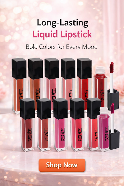 Collection of RENÉE liquid lipsticks in multiple shades displayed on a clean white background, featuring matte finish and sleek packaging.