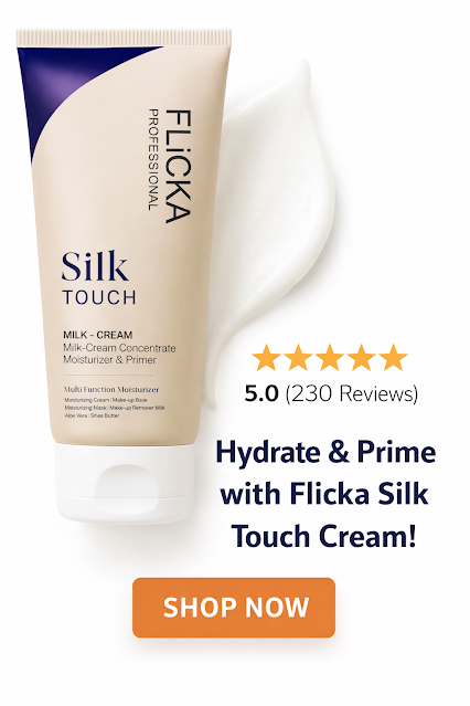 Flicka Professional Silk Touch Milk Cream moisturizer and primer with 5-star review, hydrating formula shown with face cream texture and shop now call to action."