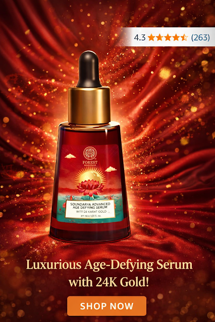 Forest Essentials Soundarya Advanced Age Defying Serum with 24K gold shown in a luxurious red background with glowing gold elements, 4.3 star rating and shop now call to action."