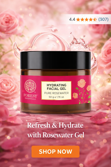 Forest Essentials Hydrating Facial Gel with Pure Rosewater, luxury skincare product with 4.4 star rating, refreshing rose gel for glowing skin