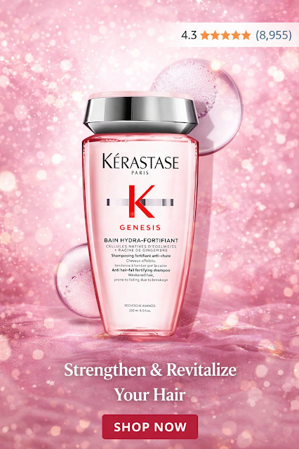 Kérastase Genesis Bain Hydra-Fortifiant shampoo with pink luxury background, anti hair fall shampoo, 4.3 star rated premium haircare product