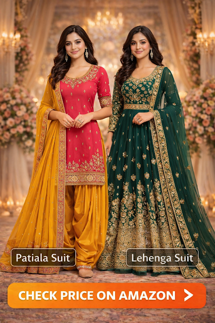 Stylish Patiala & Lehenga Suits for Girls – Perfect Wedding & Festive Ethnic Outfits Two girls showcasing ethnic outfits – one in a vibrant Patiala suit and another in a festive Lehenga suit, perfect for weddings and celebrations, colorful and elegant.
