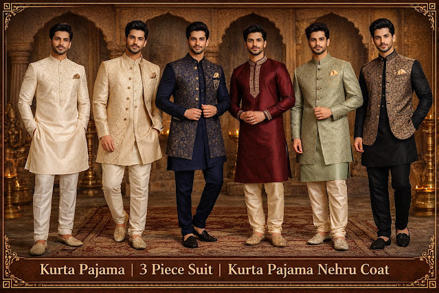 Kurta Pajama, 3 Piece Suit & Nehru Coat Men's Ethnic Wear Collection Men's ethnic wear banner featuring kurta pajama, 3piece suit and kurta pajama with Nehru coat in royal traditional style