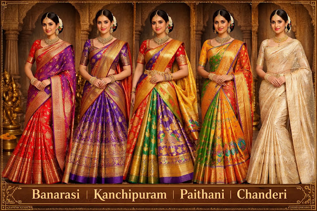 Banarasi, Kanchipuram, Paithani & Chanderi Lehenga Saree Collection Lehenga saree banner featuring Banarasi Kanchipuram, Paithani and Chanderi silk sarees with traditional Indian bridal look