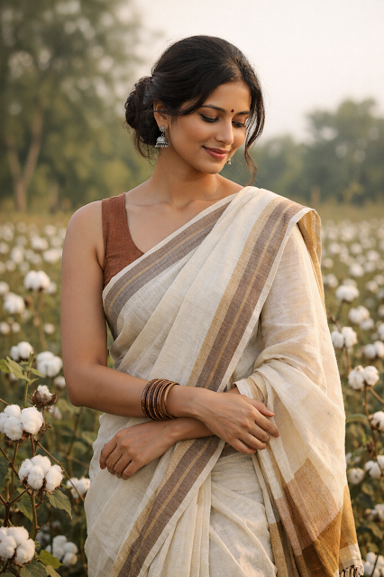 Sustainable Indian Fashion: Handloom Cotton Saree in Natural Setting Indian woman wearing an eco-friendly handloom cotton saree in a cotton field, representing sustainable and ethical Indian fashion